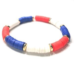 Handmade Patriotic Red White Blue Polymer Clay Heishi Stretch Bracelet Women